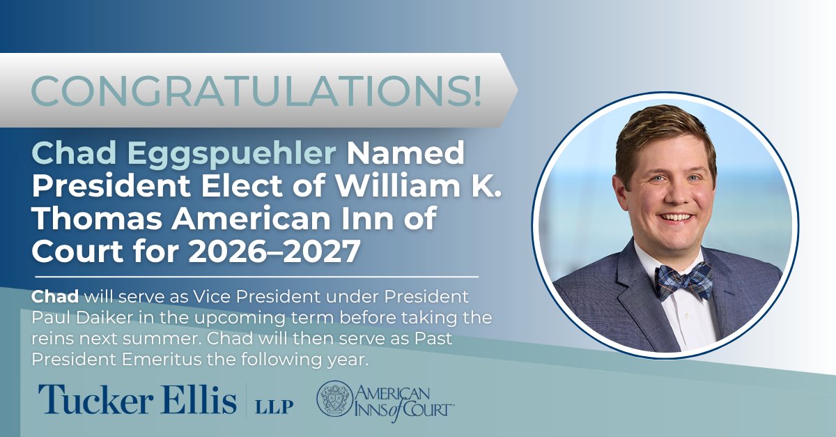 Chad Eggspuehler has been named President Elect of the William K. Thomas American Inn of Court for the 2026-2027 term.
bit.ly/44jyFiz