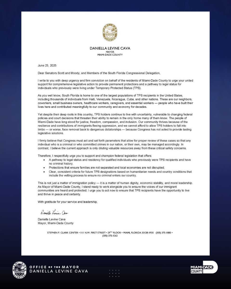 The people of Miami-Dade have long stood for justice, freedom, and compassion. I’m urging Congress to act now and give TPS recipients permanent protection and a pathway to legal status. This is not just about immigration—it’s about dignity, economic stability &amp; moral leadership.