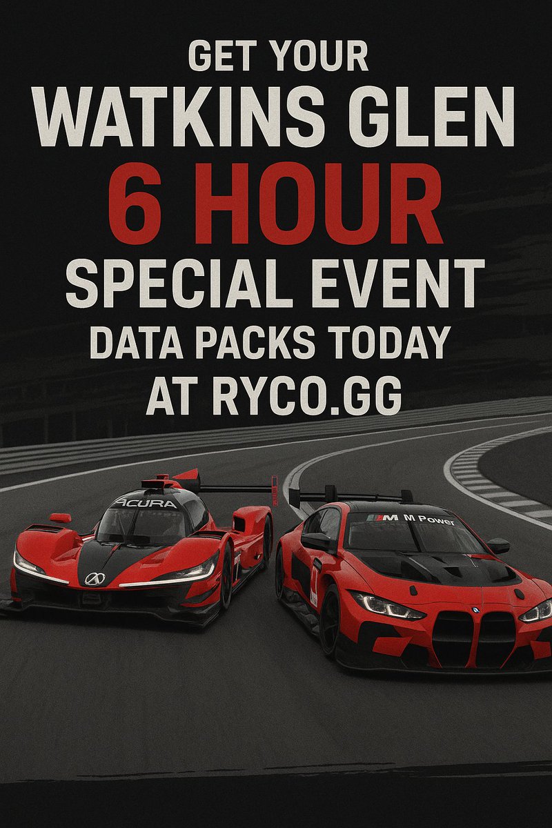 🔥 It’s Watkins Glen 6 Hour week on iRacing! 🔥

The RYCO Road Build Team has dropped elite-level Data Packs to get you dialed in for one of the biggest endurance events of the year. Whether you're in the GTP / LMP2 or GT3 class, we’ve got what you need!

✅ Pro Built Setups
✅