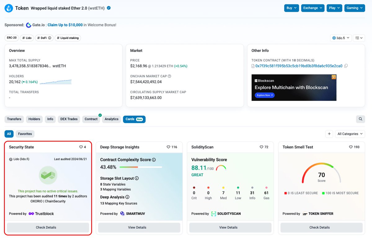 etherscan's tweet photo. 🆕 Etherscan Card: Security State

Assess a project's security health at a glance. See past audits, audit frequency, and whether any critical issues are still active https://t.co/YS52czPFiL