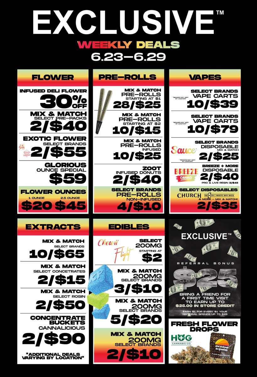 exclusivebuds's tweet photo. Exclusive Weekly Deals ALERT!  6.23-6.29 only!  30% off Infused Flower, $59 Ounce Specials, Mix &amp; Match Pre-Rolls, Vapes, Extracts &amp; Edibles starting at $2!  Download the app for loyalty rewards &amp; snag a $25 referral bonus! #ExclusiveDeals #CannabisSavings #WeedDeals https://t.co/ZQslb5vFxA