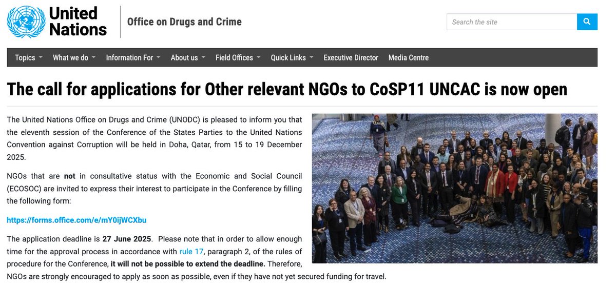uncaccoalition's tweet image. 📢 Deadline for non-ECOSOC NGOs to express their interest in participating in CoSP11 📢
💥Apply by this Friday (27th June)!💥
See the call from UNODC ➡️ unodc.org/unodc/en/ngos/…
The form to complete ➡️ forms.office.com/pages/response…