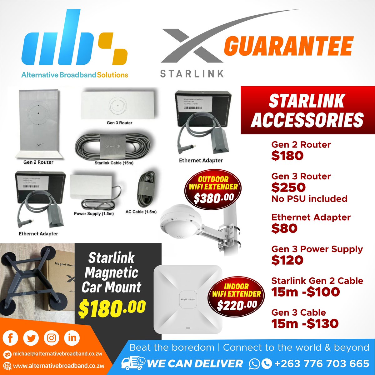 absolutionszim's tweet photo. Starlink Accessories 
Mounts, cables, adapters, meshes, wifi range extenders, routers, kits and more are available for purchase

Contact us
+263776703665
michael@alternativebroadband.co.zw https://t.co/q8yvCS9L1k