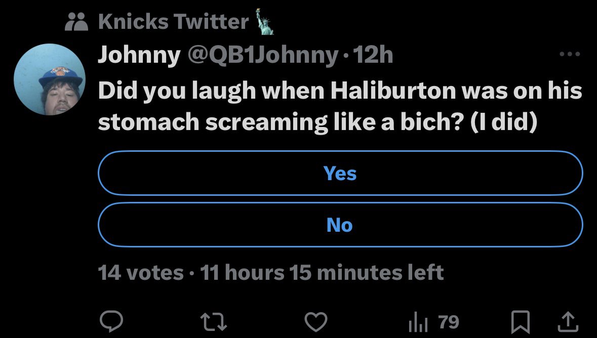 NbaSwingPass's tweet photo. Here’s an example from a Knick fan who is celebrating Haliburton’s injury from last night.
#disgustingBehavior https://t.co/y0UIluL88V