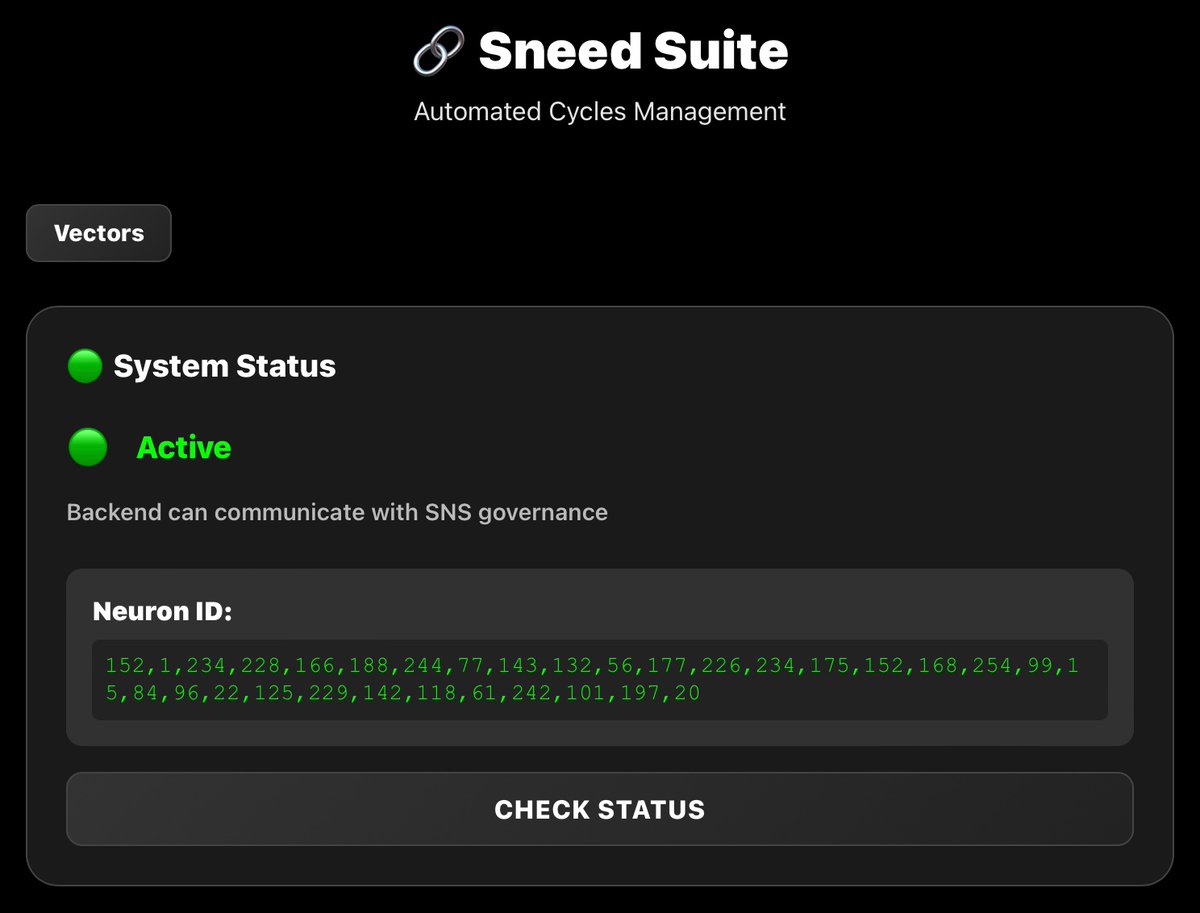Something is cooking! Special thanks to <a href="/can_scale/">CanScale</a> <a href="/icsneed/">SNEED ∞</a> and <a href="/CycleOps/">CycleOps</a> we are bringing forward a tool that can be used by Sneed Dao (and soon other SNS daos) to automate Cycles Management on cycleops.dev
