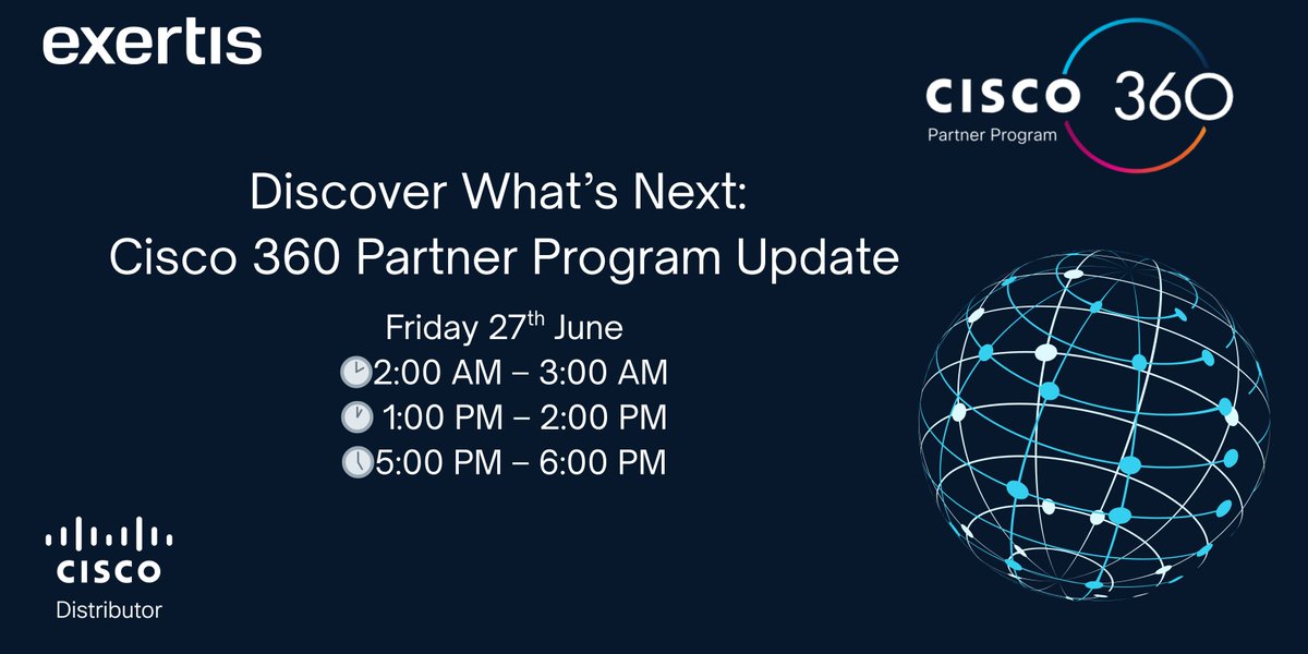 ExertisIreland's tweet image. Join us for the Cisco 360 Partner Program Update Webinar this Friday, 27th June to hear the latest updates designed to drive partner success.
3 time slots available — pick what suits you:
2:00 AM | 1:00 PM | 5:00 PM
Register now👉 eu1.hubs.ly/H0lbP3h0
#Cisco360 #PartnerUpdate