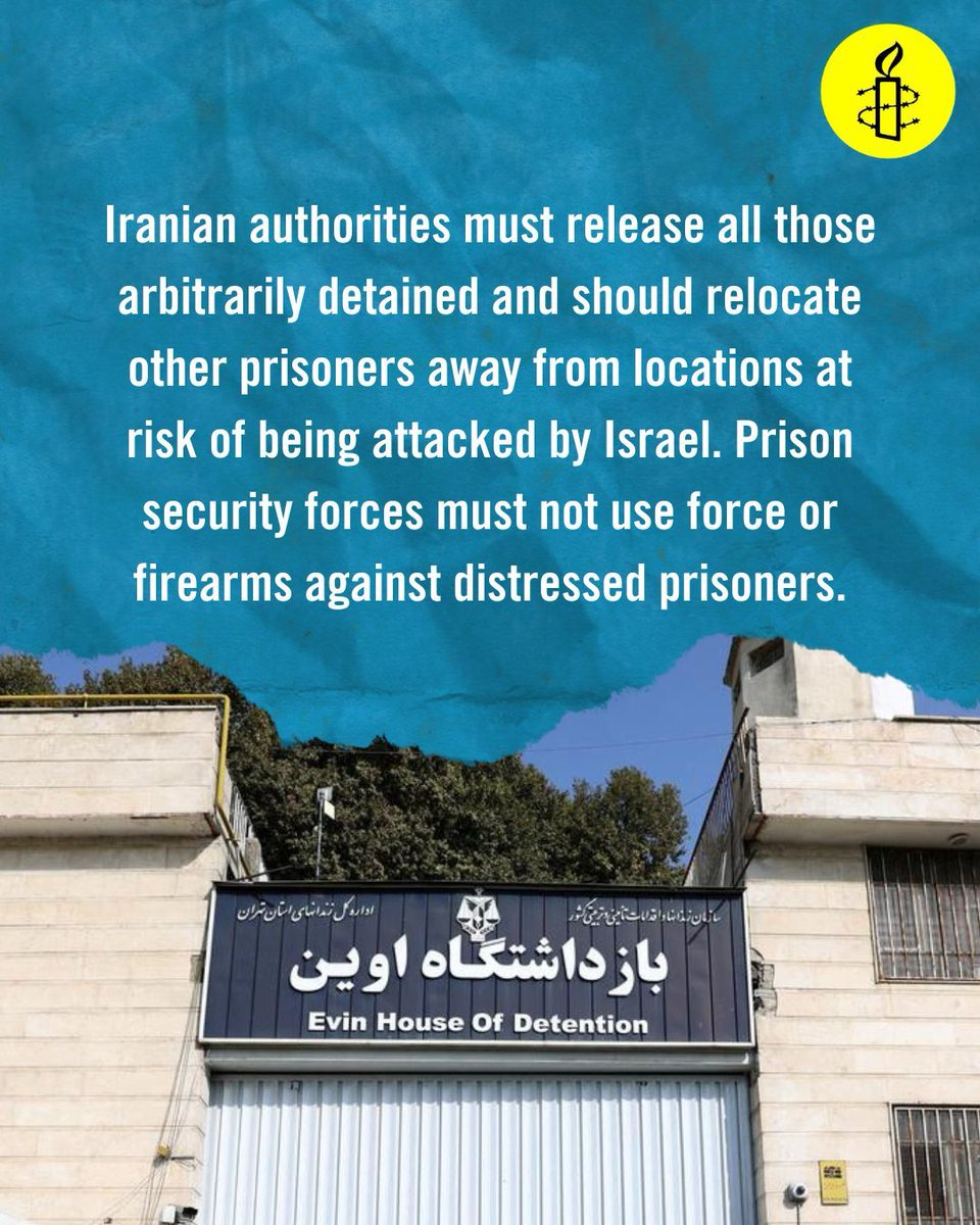 Amnesty International is extremely distressed by video footage and reports of Israeli attacks on Tehran's Evin Prison, where hundreds of prisoners, including political dissidents and human rights defenders, are imprisoned. 1/3