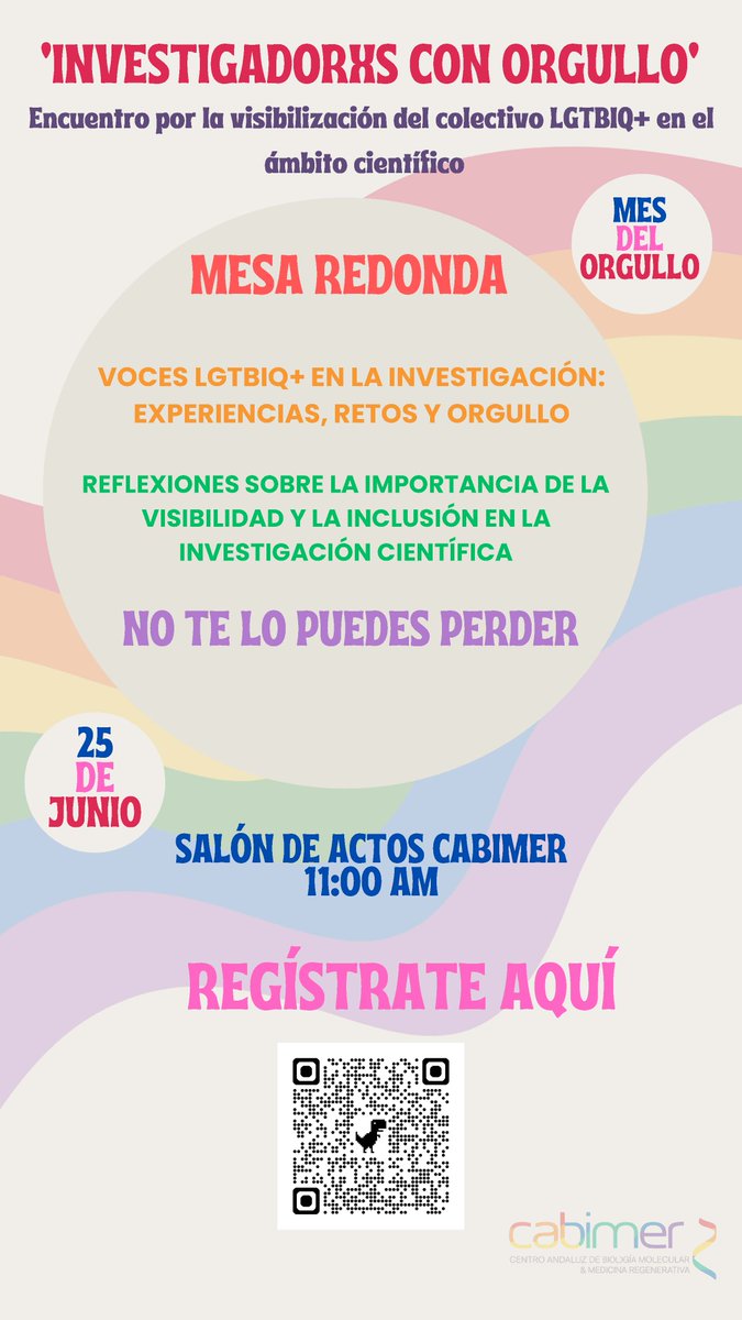 cabimer's tweet image. Os esperamos en el primer encuentro por la visibilización del colectivo LGTBIQ+ en el ámbito científico!

📅 Miércoles 25 de junio a las 11:00 
📌Salón de Actos de CABIMER

Confirma tu asistencia en este formulario: 
docs.google.com/forms/d/e/1FAI…