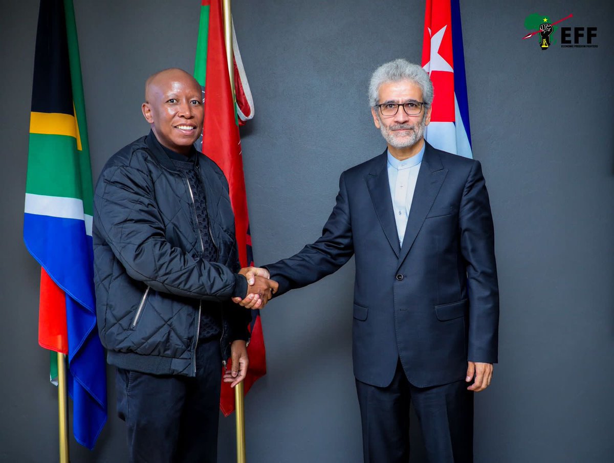 EFFSouthAfrica's tweet photo. ♦️In Pictures♦️

The EFF Officials led by CIC @Julius_S_Malema met with the Iranian Ambassador To South Africa, His Excellency Shakib Mehr and his delegation.

The EFF stands in firm solidarity with Iran’s Right To Self-Defence in the face of aggression by Apartheid Israel backed by the USA!