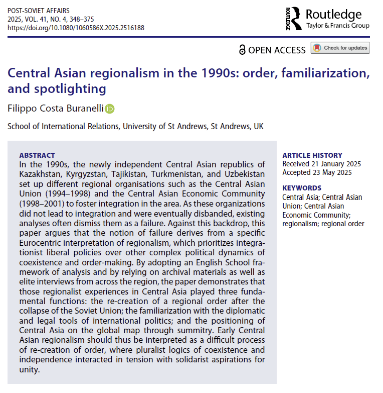 ASIAC Studies on Central Asia & Caucasus in Italy (@asiacitalia) on Twitter photo We want to share this great (open access) publication by our colleague Dr Filippo Costa Buranelli based at <a href="/StAndrewsIR/">School of International Relations</a>:
"Central Asian regionalism in the 1990s: order, familiarization, and spotlighting" in Post-Soviet Affairs. tandfonline.com/doi/epdf/10.10… We want to share this great (open access) publication by our colleague Dr Filippo Costa Buranelli based at <a href="/StAndrewsIR/">School of International Relations</a>:
"Central Asian regionalism in the 1990s: order, familiarization, and spotlighting" in Post-Soviet Affairs. tandfonline.com/doi/epdf/10.10…