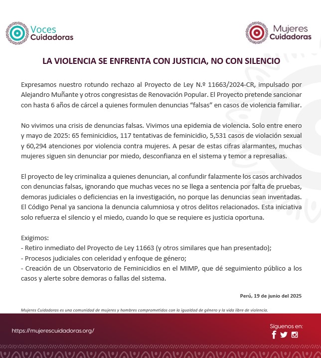 Secundo totalmemte este Manifiesto de <a href="/Mujeres_Cuidado/">Mujeres Cuidadoras</a> 

No vivimos una crisis de denuncias falsas en casos de Violencia Familiar. Vivimos una epidemia de violencia.  El proyecto de ley de <a href="/AlejoMunante/">Alejandro Muñante🇵🇪</a>  de <a href="/bancada_rp/">Bancada Renovación Popular (Oficial)</a>  refuerza el miedo, la impunidad y el silencio al buscar