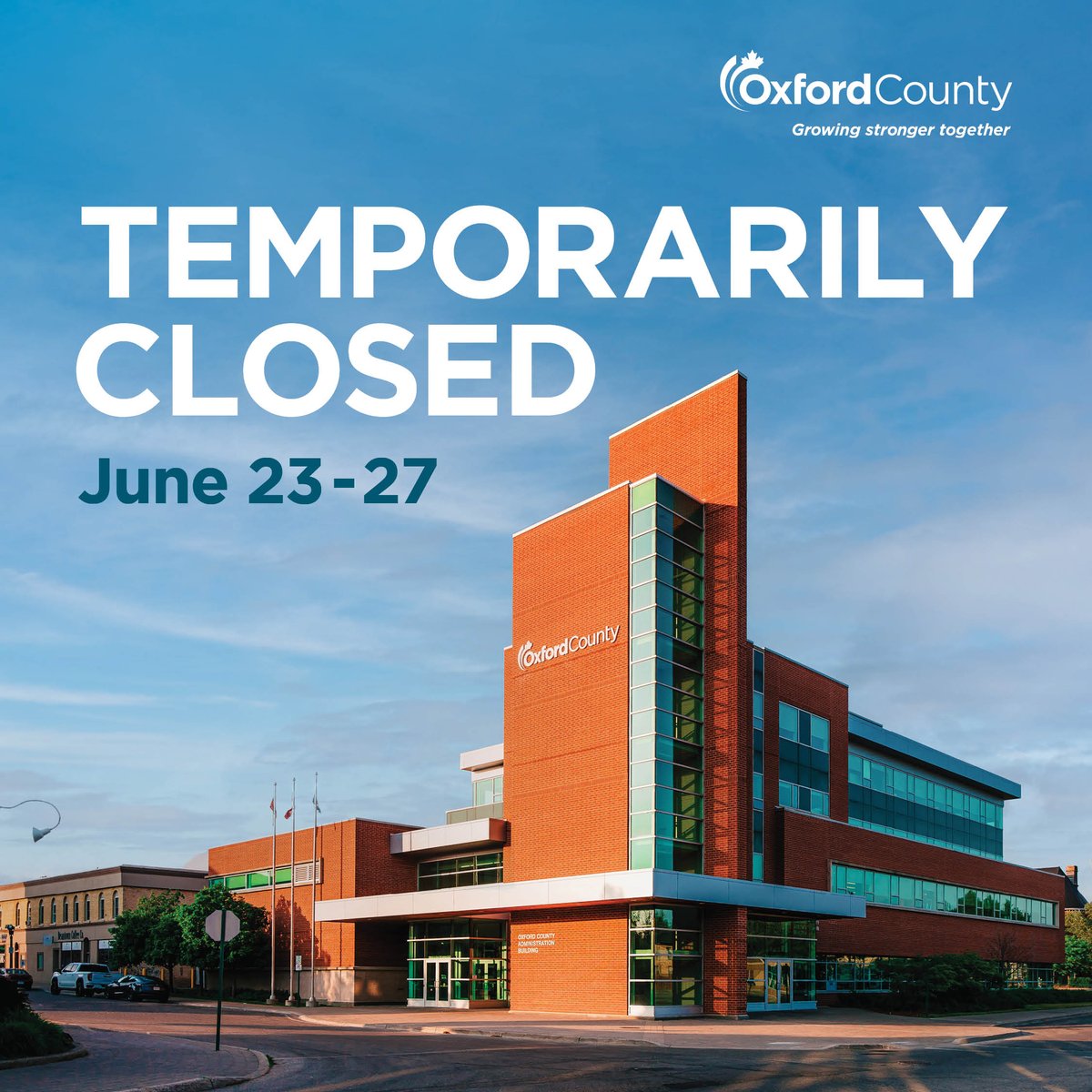 OxfordCounty's tweet photo. The Oxford County Administration Building (OCAB) is closed June 23-27 due to a failed waterline connection. Contact Customer Service at  customerservice@oxfordcounty.ca or 519-539-9800. For Human (Social) Services, contact humanservices@oxfordcounty.ca or 519-539-9800 ext 3390 https://t.co/MLyNo7dWt4