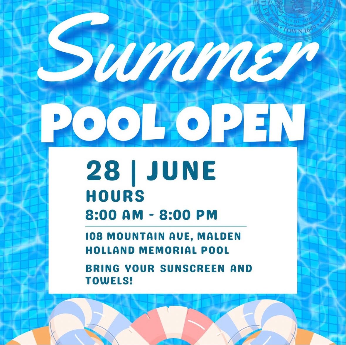 We’re excited to announce that the Lt. Dennis C. Holland Memorial Pool will officially open for the season on, June 28th!
🗓 Opening Day:  June 28
🕗 Hours: 8:00 AM – 8:00 PM
📍 Location: 108 Mountain Ave, Malden
Bring your sunscreen and towels! ☀️💧