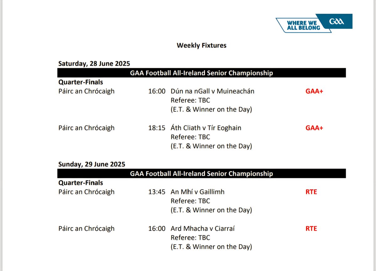 Our All-Ireland Senior Football Championship Quarter-Final v Monaghan GAA has been set for 4pm this Saturday in Croke Park.

Ticket information as previously posted