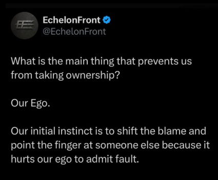 Runningbear's tweet image. Seeing this reminds me of a Game of Thrones moment where Maester Aemon tells Jon Snow, “Kill the boy, and let the man be born.”
In our world, it translates to:

“Kill your Ego, and let the Leader be Born”

#extremeownership #Leadership