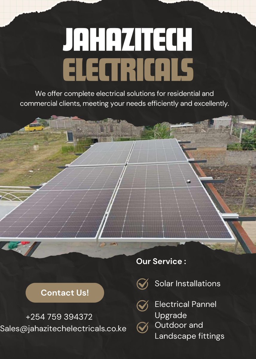 JahazitechEEESs's tweet photo. Power up with Jahazitech Electricals! 💡

🚀 Solar Installations
🚀 Electrical Panel Upgrades
🚀 Outdoor &amp; Landscape Fittings
Contact us today for reliable, efficient solutions: +254 759 394372
📧 sales@jahazitechelectricals.co.ke https://t.co/iWCQx8E9ru