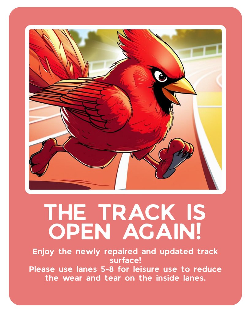 The track at D-T is now open.  Painting has concluded, and the track is open for public use.  Thank you for being so patient as we made necessary repairs and repainted.

Please use lanes 5-8 for leisure and community use to limit the wear and tear on the inside lanes.