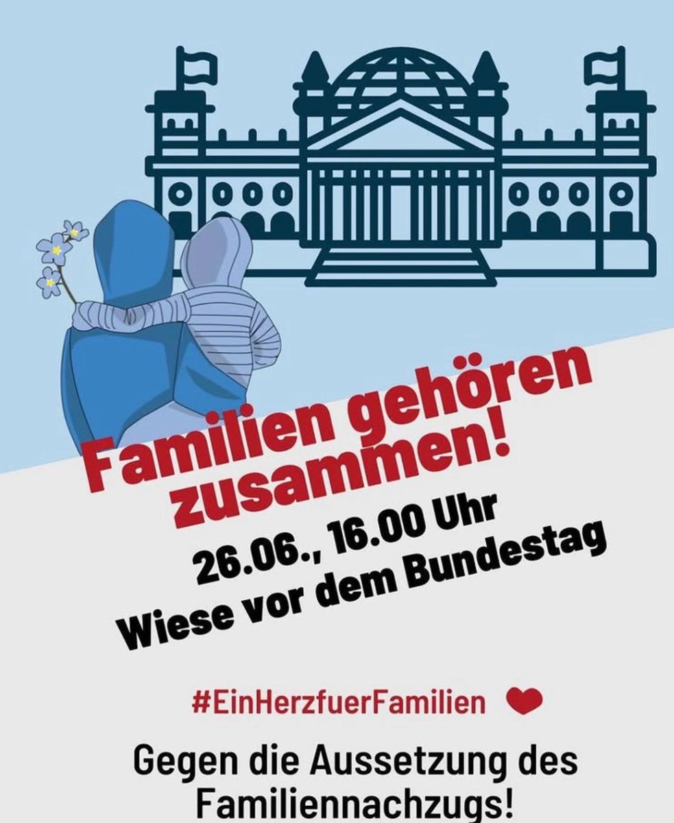 #SaveTheDate #Berlin 

Familien gehören zusammen!

„Gegen die Aussetzung des Familiennachzugs!”

❤️ Ein Herz für Familien ❤️

👉🏽 28. Juni 2025, 16:00 Uhr
👉🏽 Berlin, Wiese vor dem #Bundestag

Quelle: instagram.com/p/DLDIYOWoX1H/…