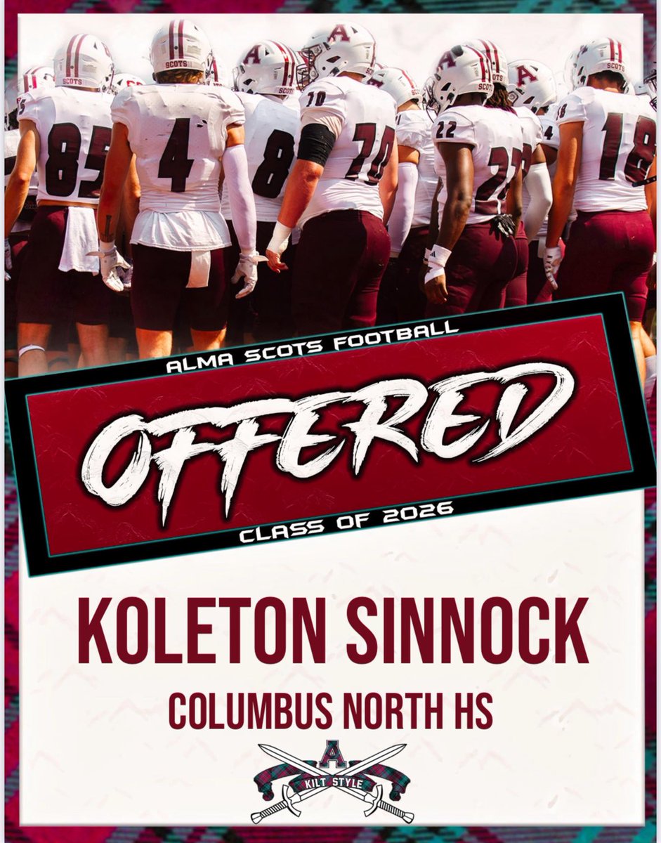 Koleton Sinnock (@sinnockkoleton) on Twitter photo After an amazing camp and visit with <a href="/Coach_OGara/">Cooper O’Gara</a> I’m blessed to have received my first offer from <a href="/AlmaScotsFB/">Alma College Football</a>!! <a href="/Coach_Haston/">Logan Haston</a> <a href="/_CoachTeague_/">Luke Teague</a> <a href="/Kowal526844/">Adam Kowal</a> <a href="/IndyWeOutHere/">IndyWeOutHere ‼️</a> <a href="/PrepRedzoneIN/">Prep Redzone Indiana</a> After an amazing camp and visit with <a href="/Coach_OGara/">Cooper O’Gara</a> I’m blessed to have received my first offer from <a href="/AlmaScotsFB/">Alma College Football</a>!! <a href="/Coach_Haston/">Logan Haston</a> <a href="/_CoachTeague_/">Luke Teague</a> <a href="/Kowal526844/">Adam Kowal</a> <a href="/IndyWeOutHere/">IndyWeOutHere ‼️</a> <a href="/PrepRedzoneIN/">Prep Redzone Indiana</a>