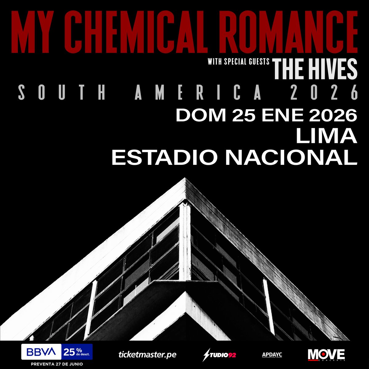 MoveConcertsPE's tweet photo. ¡ #MYCHEMICALROMANCE en Lima!
25 de Enero 2026 - Estadio Nacional

Entradas a la venta en https://t.co/AM4SeSlLzy desde este 27 de Junio
Preventa exclusiva BBVA 9 AM
Venta General 12 PM

25% Descuento con Tarjetas BBVA

Artista invitado: The Hives

Una experiencia #MoveConcerts https://t.co/In8cwaN1Ft