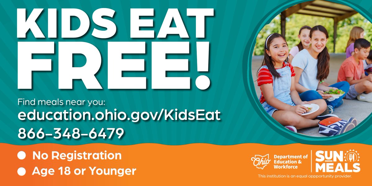 ☀️🍽️ We're sponsoring SUN Meals, a summer food program where kids eat free! With SUN Meals, any child under 18 can eat free and no sign-up is needed. Visit education.ohio.gov/KidsEat to find a location near you.