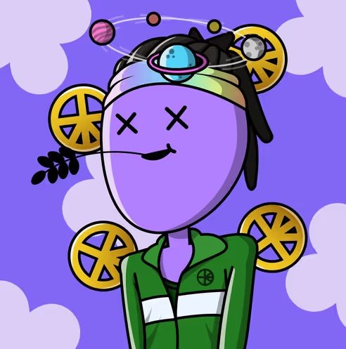 Day 4 of posting <a href="/HippieLifeKrew/">HLK💚</a> 
Zendo, the chillest soul in the Hippie Life Krew, floats through the Metaverse with planets spinning around her head and peace in her heart. Rocking a green track suit and a cosmic smirk, she spreads good vibes, one mellow breath at a time.