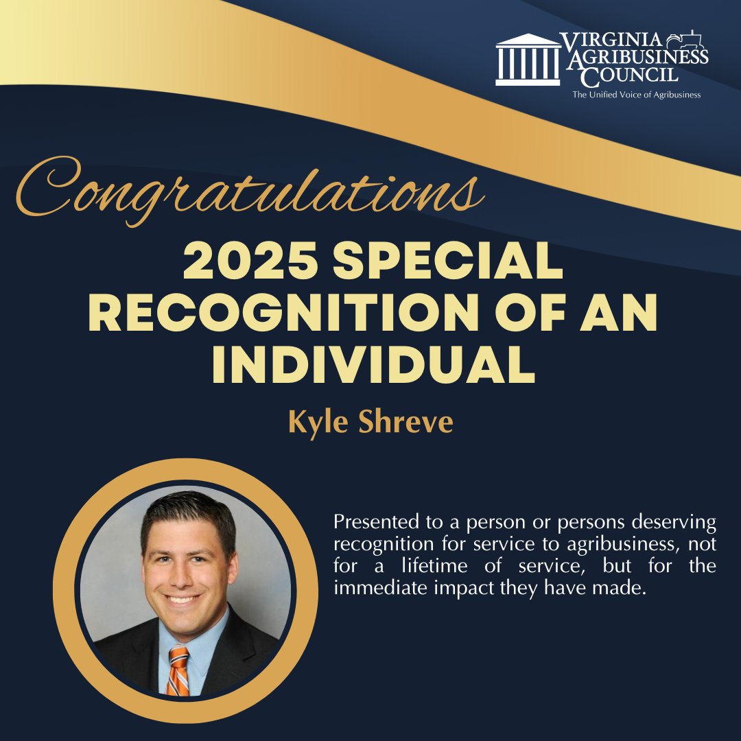 VaAgriBiz's tweet image. We were honored to present the 2025 Special Recognition of an Individual Award to Kyle Shreve. He is a knowledgeable &amp;amp; trustworthy advocate for the ag community, encouraging collaboration &amp;amp; support within the industry. Thank you Kyle for your years of service to VA agriculture!