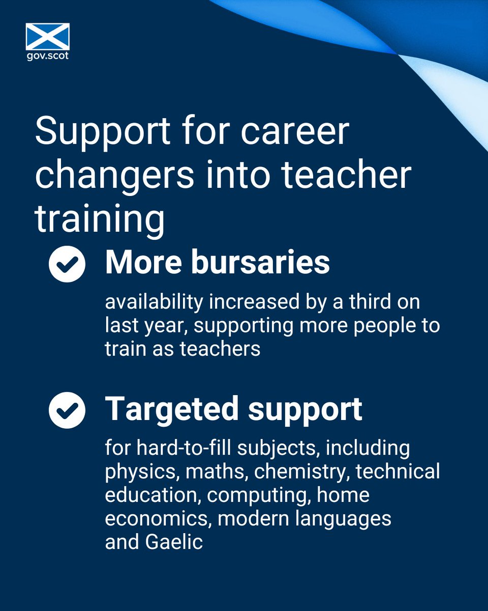 The Teaching Bursary scheme has been expanded.

It supports career changers to retrain as teachers and opens today for applicants with a degree in a relevant subject.

Availability has increased by a third on 2023-24.

Apply: teachingbursaryinscotland.co.uk
