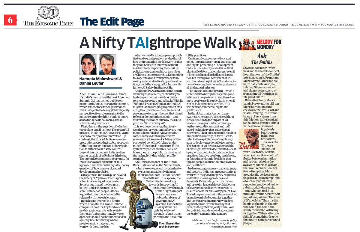 NamrataM_'s tweet photo. On how India can move the needle as the host of the next AI "Impact" Summit in February 2026, for @EconomicTimes with @djleufer. Public consultation on how the summit should be shaped is open until June 30, 2025: https://t.co/92N79f0TMd https://t.co/biud3r1tsd