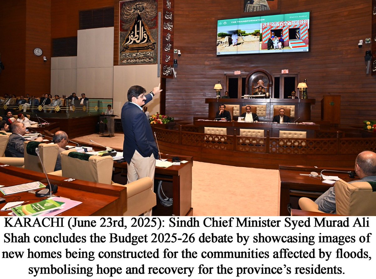 Sindh Chief Minister House (@sindhcmhouse) on Twitter photo KARACHI: Sindh CM <a href="/MuradAliShahPPP/">Murad Ali Shah</a> concludes the Budget 2025-26 debate in the assembly by showcasing images of new homes being constructed for the communities affected by floods, symbolising hope and recovery for the province’s residents. KARACHI: Sindh CM <a href="/MuradAliShahPPP/">Murad Ali Shah</a> concludes the Budget 2025-26 debate in the assembly by showcasing images of new homes being constructed for the communities affected by floods, symbolising hope and recovery for the province’s residents.
