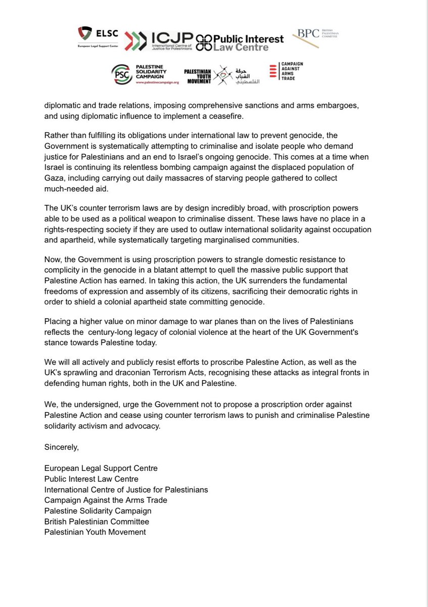 We wrote to the Home Secretary with 6 other orgs to resist the unprecedented move to proscribe Palestine Action. 

Govt is using proscription powers to strangle domestic resistance to complicity in genocide - this escalating criminalisation must end.

Link britpalcommittee.co.uk/jointletterpal…