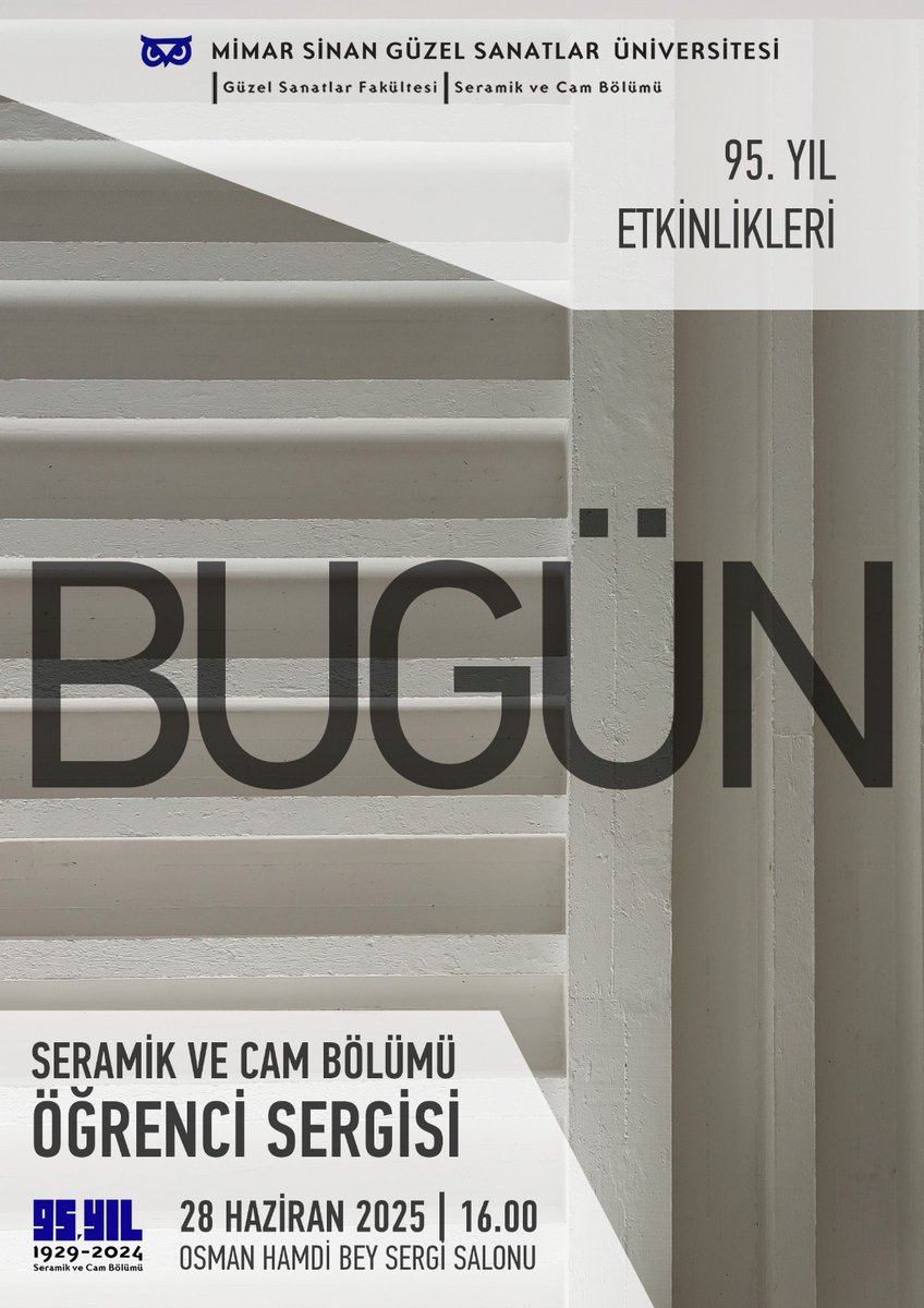 Seramik ve Cam Bölümü tarafından 95. Yıl Kutlamaları kapsamında bölümün mensup, mezun, öğrenci ve emeklilerinin katılımıyla düzenlenen "3. Mezunlar Günü" buluşması ve "Bugün" sergisi açılışı 28 Haziran'da. 🦉

Bölüm öğrencilerinin eserlerinden oluşan "Bugün" sergisi 3 Temmuz 2025