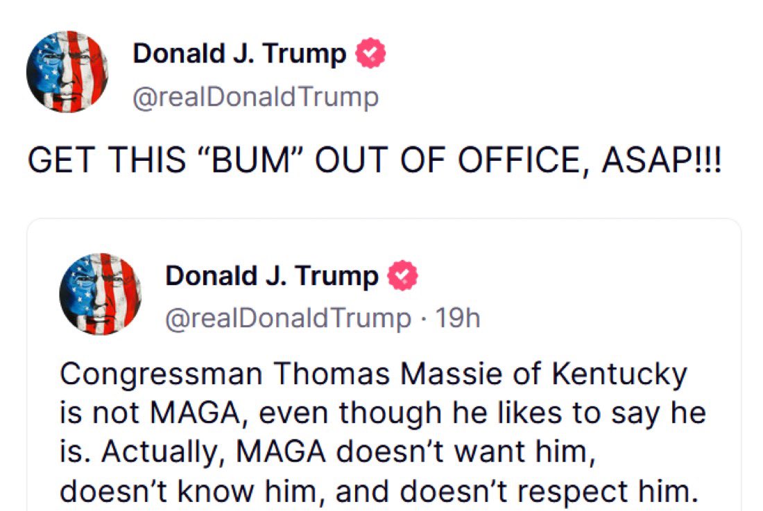 President Trump wants <a href="/RepThomasMassie/">Thomas Massie</a> out of office.