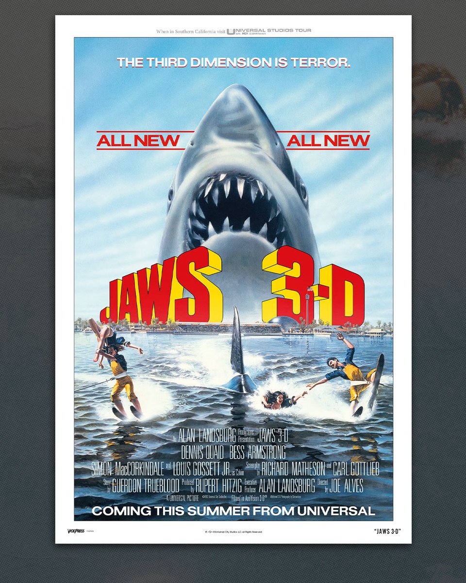 To celebrate the 50th anniversary of Jaws, the original One Sheet poster is available until Thursday. 

However, the absolute gem of a poster that is Jaws 3D is Also available 
from Vice-Press.com, fully remastered by Matt Ferguson &amp; Florey, this poster is so much fun.