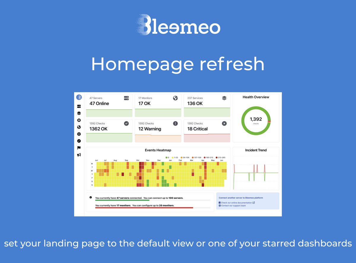 🚀 The Bleemeo Cloud Monitoring homepage just got smarter!
You can now set your landing page to the default view or one of your starred dashboards ⭐
Plus, the default page now shows key indicator history! 📈
#DevOps #Monitoring #Bleemeo