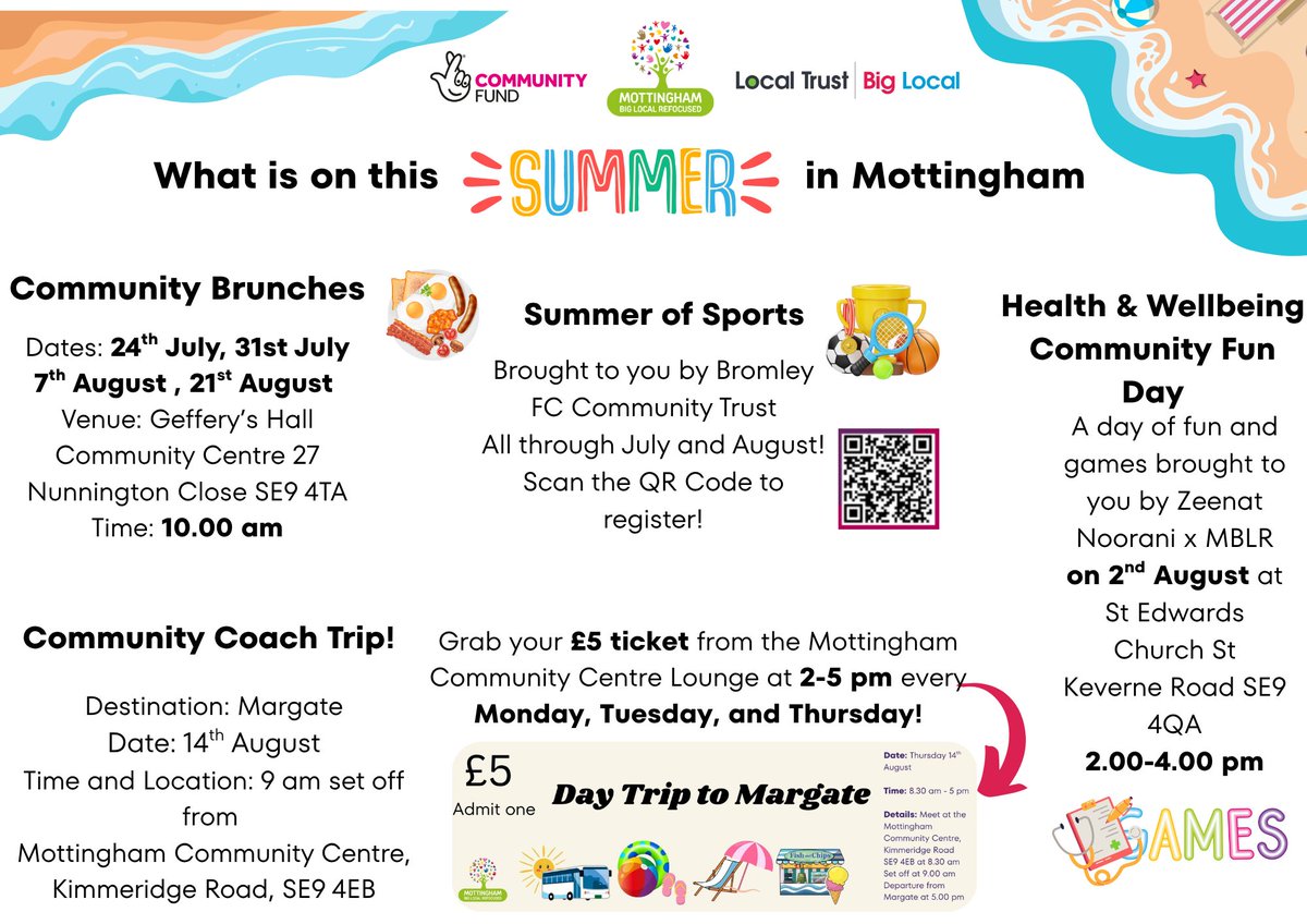 Hi Mottingham! 🌞 Check out our summer events:

Sports Day - 28th June 🏅
Brunch - 24th July 🥞
Brunch - 31st July 🍽️
Health and Wellbeing Fun Day - 2nd August 🧘‍♀️🎉
Coach Trip - 14th August 🚌
#SummerEvents #MBLR