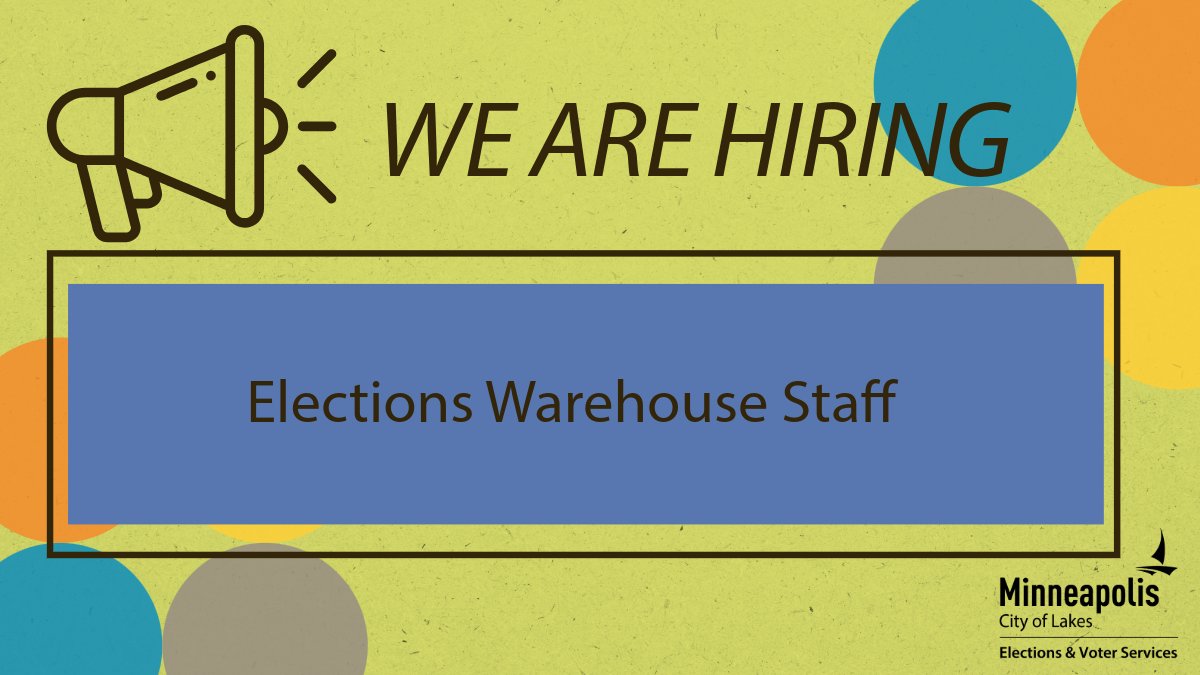 VoteMpls's tweet image. We're hiring! Join our team as a Seasonal Elections Support Specialist in our elections warehouse. View more details and apply here: governmentjobs.com/jobs/4968501-0…