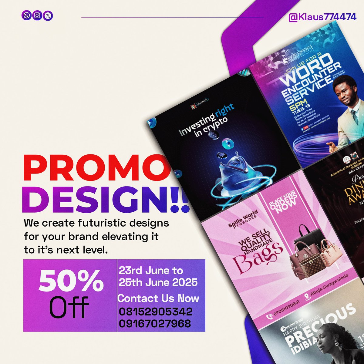 Klaus774474's tweet photo. QUICK DESIGN PROMO β ENDS WEDNESDAY
Need a logo, flyer or social post design?
Iβm doing clean, fast design.
π Limited slots
π© DM me or tag someone who needs this π₯
#DesignPromo #LogoDesign #NaijaCreatives #Makurdi https://t.co/KTDa0ALpYU