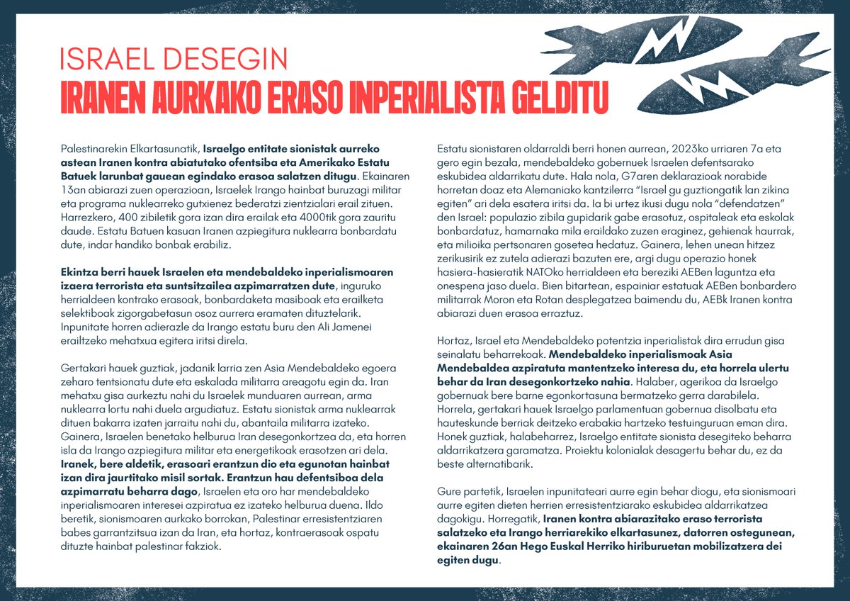 🔴 Israelek AEBen laguntzaz eta mendebaldeko potentzien konplizitatearekin Iranen kontra abiatutako ofentsiba salatzeko mobilizatzera dei egiten dugu. Mendebaldeko inperialismoaren inpunitateari aurre egin behar diogu.

Israel desegin!
Iranen kontrako eraso inperialista gelditu!