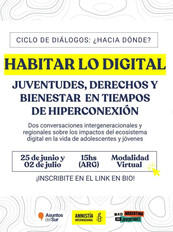 💬 Habitar lo digital es un ciclo de dos diálogos intergeneracionales desde el Sur Global para cuestionar cómo se diseñan, regulan y experimentan las tecnologías que usamos todos los días.
Y para imaginar colectivamente entornos digitales más humanos, seguros y justos.