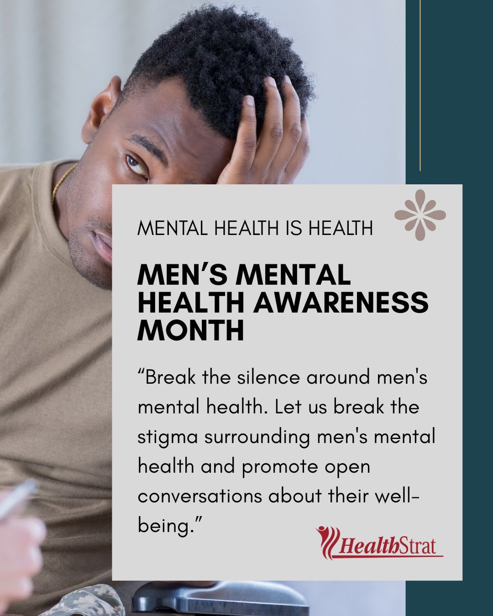 Health_Strat's tweet image. Did you know that 1 in every 8 men experience mental health challenges? This month and beyond, let us encourage men to break the stigma surrounding men's mental health🌟 
#MensMentalHealthMonth #EndTheStigma