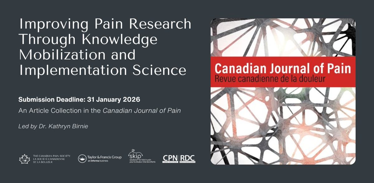 Canadian Journal of Pain (@canjpain) on Twitter photo Soumettez un manuscrit au <a href="/CanJPain/">Canadian Journal of Pain</a> pour une collection sur l'amélioration de la recherche en douleur via mobilisation des connaissances et science de la mise en œuvre.
📅 Date limite : 31 janvier 2026
🔗think.taylorandfrancis.com/article_collec…
<a href="/CanadianPain/">Canadian Pain Society</a> <a href="/KidsInPain/">Solutions for Kids in Pain</a> <a href="/cpn_rdc/">Chronic Pain Network</a> <a href="/tandfonline/">Taylor & Francis Research Insights</a> Soumettez un manuscrit au <a href="/CanJPain/">Canadian Journal of Pain</a> pour une collection sur l'amélioration de la recherche en douleur via mobilisation des connaissances et science de la mise en œuvre.
📅 Date limite : 31 janvier 2026
🔗think.taylorandfrancis.com/article_collec…
<a href="/CanadianPain/">Canadian Pain Society</a> <a href="/KidsInPain/">Solutions for Kids in Pain</a> <a href="/cpn_rdc/">Chronic Pain Network</a> <a href="/tandfonline/">Taylor & Francis Research Insights</a>