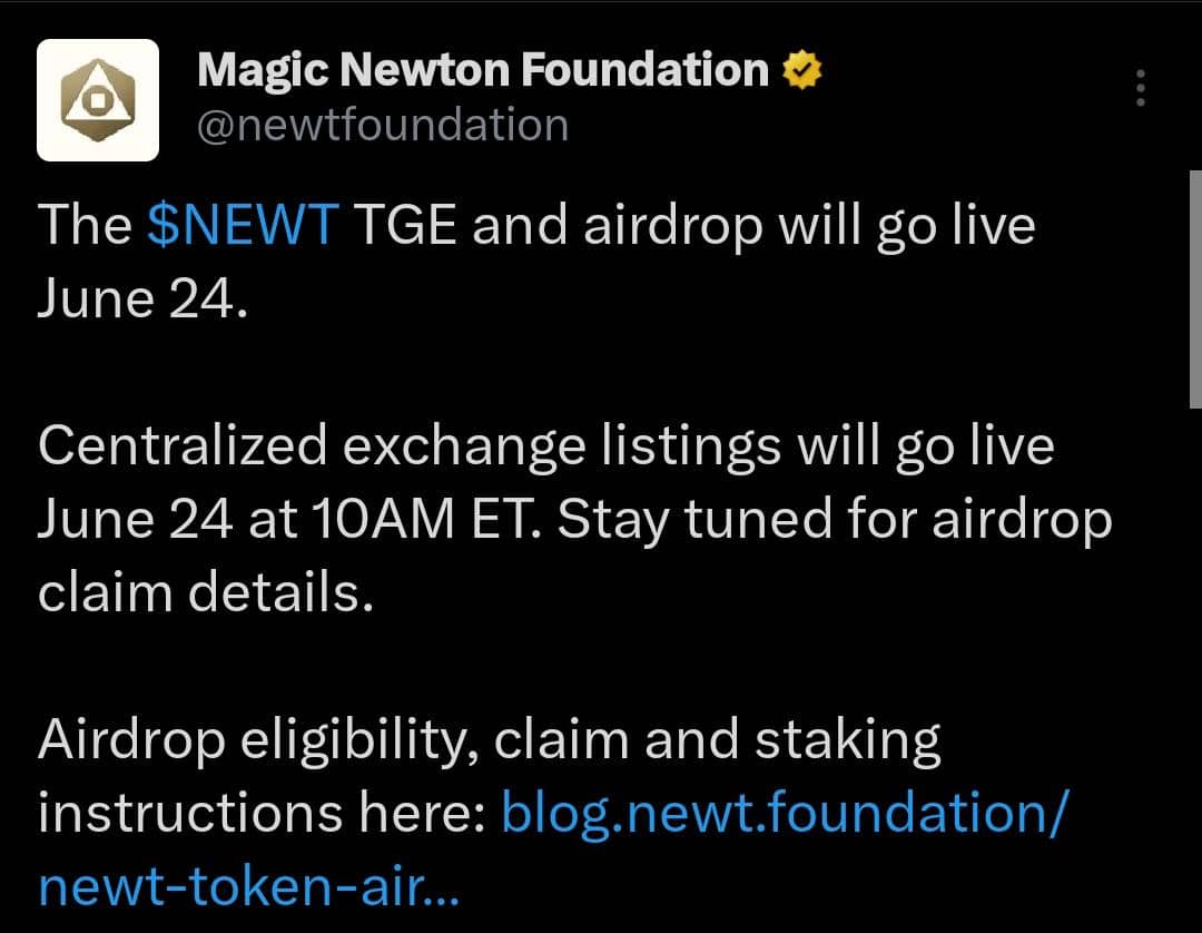 Iamceejaymac's tweet image. Magic Newton $NEWT TGE Scheduled for June 24
You could be eligible for the $NEWT airdrop if:
You interacted with the Newton.xyz protocol before June 11, 2025
You completed community quests via the @MagicNewton Portal before that date
Full details are available…