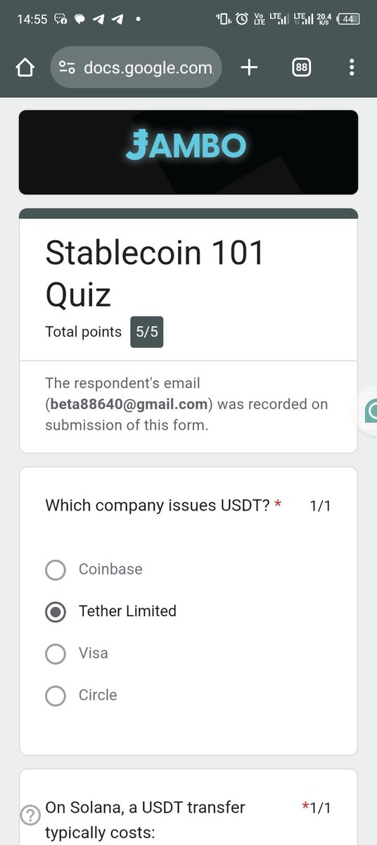 I just aced the #Stablecoin101 Quiz by @jambotechnology 💡 Download the JamboApp to learn and earn like me!