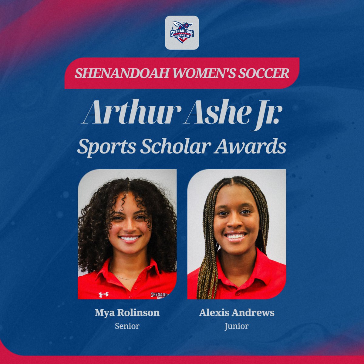 Shenandoah Hornets (@suhornets) on Twitter photo Congratulations to <a href="/SUHornetsWS/">Shenandoah WSOC</a> Mya Rolinson and Alexis Andrews on receiving the Arthur Ashe Jr. Sports Scholar Award!
The Arthur Ashe Jr. Sports Scholar Award recognizes students of color excelling academically and athletically.
#GoSUHornets Congratulations to <a href="/SUHornetsWS/">Shenandoah WSOC</a> Mya Rolinson and Alexis Andrews on receiving the Arthur Ashe Jr. Sports Scholar Award!
The Arthur Ashe Jr. Sports Scholar Award recognizes students of color excelling academically and athletically.
#GoSUHornets