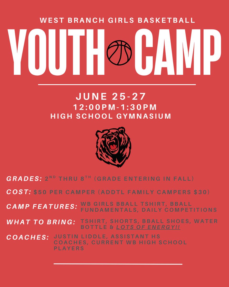 It’s not too late to sign up for our youth basketball camp this week! (We will be accepting walk ins for those who haven’t pre registered) It’s going to be so much fun, can’t wait to see you all there! 🏀