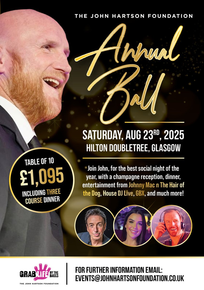 📣 Announcement

The John Hartson Annual Ball is back!

Join us on August 23rd at the <a href="/DoubleTree/">DoubleTree by Hilton</a> Glasgow for a night of amazing entertainment &amp; delicious food!

Email events@johnhartsonfoundation.co.uk to secure your tickets!

#JohnHartson #AnnualBall #CharityEvent #JHFAB2024