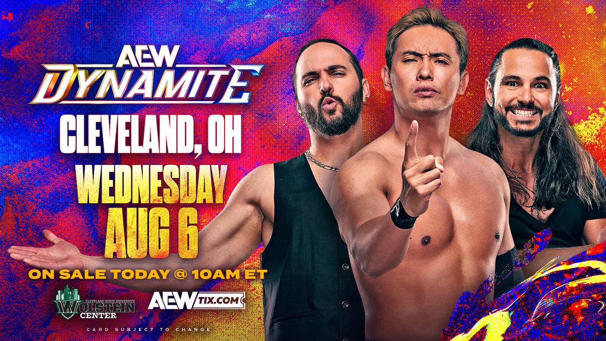 Wolstein Center at Cleveland State University (@wolsteincenter) on Twitter photo ON SALE NOW! All Elite Wrestling returns to Cleveland with an epic night of professional wrestling as <a href="/AEW/">All Elite Wrestling</a> Dynamite invades the Wolstein Center, August 6th! See the best wrestle for the best price. Tickets on sale NOW with the link below!
🎟️ ow.ly/coey50Wafpi ON SALE NOW! All Elite Wrestling returns to Cleveland with an epic night of professional wrestling as <a href="/AEW/">All Elite Wrestling</a> Dynamite invades the Wolstein Center, August 6th! See the best wrestle for the best price. Tickets on sale NOW with the link below!
🎟️ ow.ly/coey50Wafpi