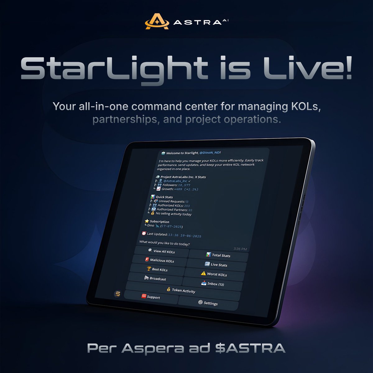 AstraLabs_Inc's tweet image. 🚨 StarLight is LIVE! 🚨
Your all-in-one command center for managing KOLs, partnerships, and project operations.

🔍 Track everything:
• Token distribution per KOL
• Posting schedules &amp;amp; compliance ratio
• Best vs worst KOLs
• Token activity, malicious patterns, and live stats…