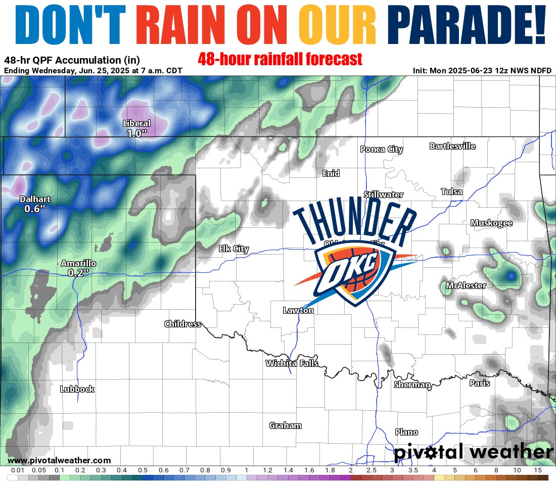 Looks dry and hot and humid (say what??) for the WORLD CHAMPION OKC Thunder's parade tomorrow morning (10:30am). Gonna be steamy, but the champs and their fans can take it. They do need to stay hydrated, though. ticker.mesonet.org #okwx #okmesonet
